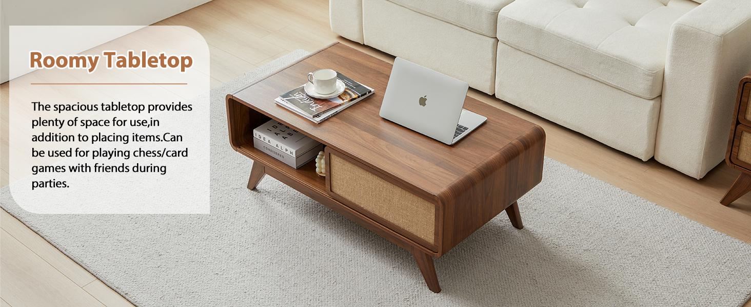 Giratree Mid Century Modern Coffee Table with Storage, Curved Edge Wood Coffee Table with Sliding Nature Linen Door, Farmhouse Center Table Rectangle Coffee Table for Living Room, Office