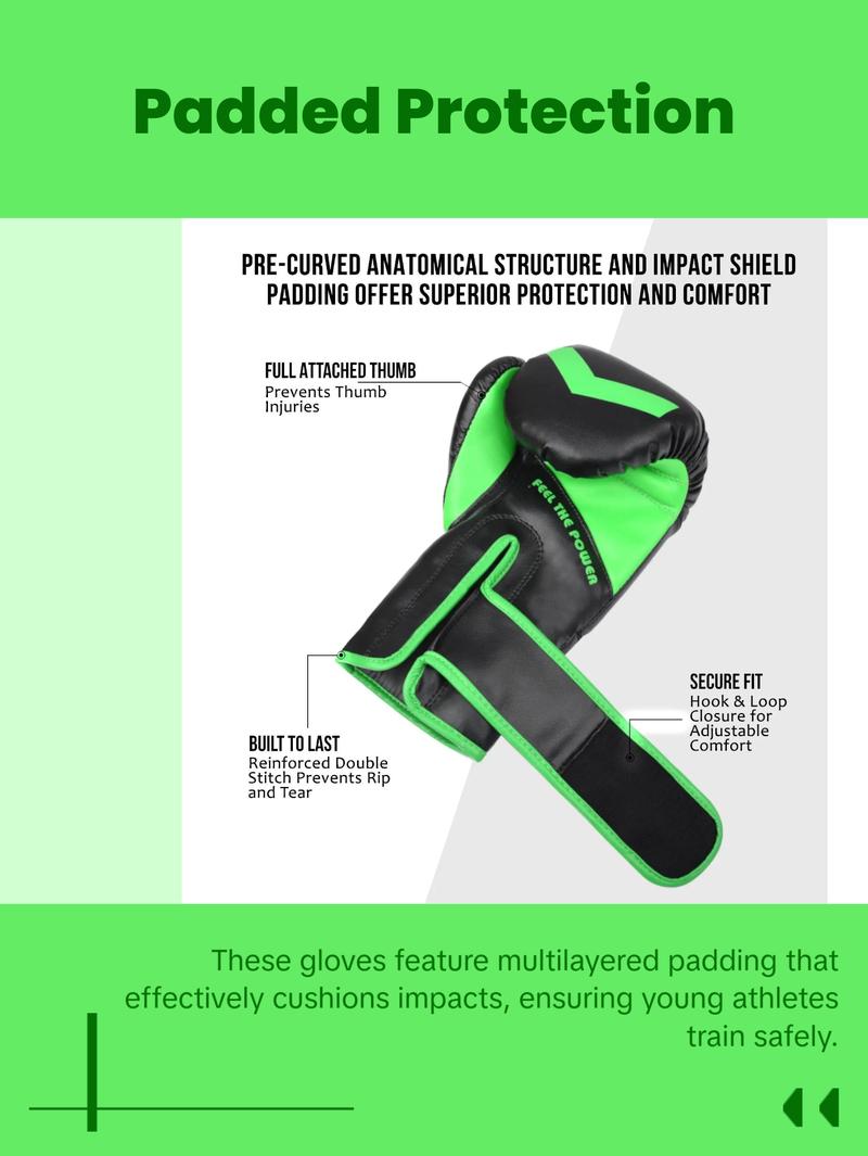 Exxact Sports Knockout Youth Boxing Gloves for Kids (3-15 Years) with Padded Protection and Wrist Support, Durable Engineered Leather Kids Boxing Gloves for Sparring (Black/Green)