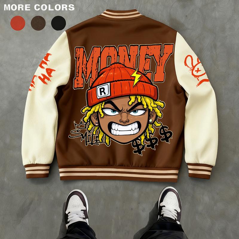 Men's Baseball Jacket Polyester Durable Wind-Resistant Orange & Apricot Colorblock Money, BOY, Rabbit, "$" Graphic Varsity Coat Y2K Vintage Retro Classic Old-School Casual Sports SWAG Streetwear Light Fleece-Lined Winter Jacket Trendy Gift for Boyfriend