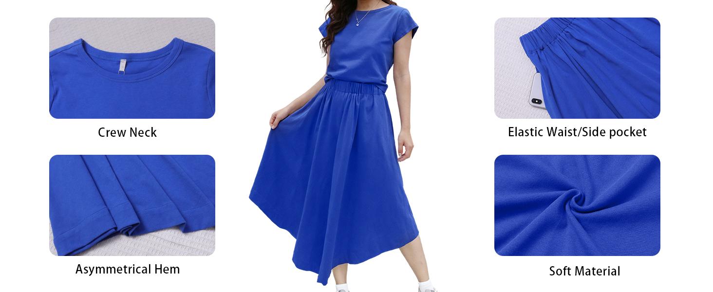 SCUSTY Women‘s Minimalist Cap Sleeve T-shirt + Asymmetrical Hem Midi Skirt Two-Piece Set, Solid Color Elastic Waist Casual Skirt Outfit