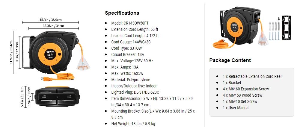 VEVOR Retractable Extension Cord Reel, Various specifications, Heavy Duty 3C SJTOW Power Cord, with Lighted Triple Tap Outlet, 15 Amp Circuit Breaker, 180° Swivel Bracket for Ceiling Tested to UL Standards