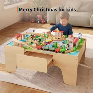 84Piece Train Table, Multipurpose Wooden Toy Activity Playset for Children w/Tracks and Drawer - Natural