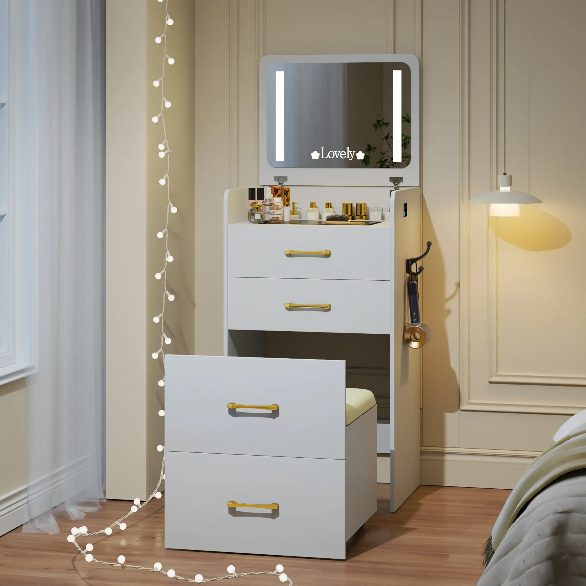 Vlsrka 3-in-1 Compact Makeup Vanity Desk - Dressing Table with Mirror, Built-in Lamp, Storage Drawers & Stool, Mirrored Dressing Table for Bedroom, Automatic Smart Makeup Vanities for Dorm, Dressing Tables, Built-In Lamp Makeup Vanities