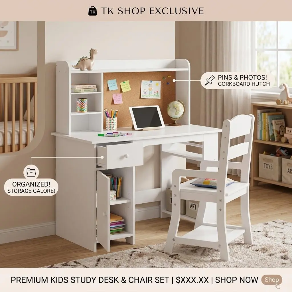Garvee Multifunctional Kids Desk and Chair Set – Wooden Study Table with Bookshelf, Bulletin Board Drawer and Storage Cabinet – Student Computer Workstation for Boys and Girls Ideal for Bedroom