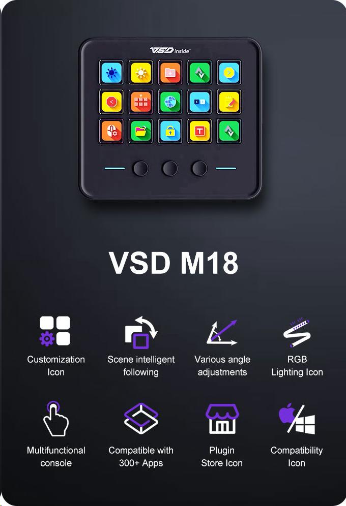 VSDINSIDE M18 V3 Macro Keypad, Stream Controller Deck Gaming Streaming Shortcut Keyboard, 18 Programmable Keys Customizable Visual AI Pad USB Soundboard for OBS, YouTube, Desk Office Setup, Laptop, PC, Mac