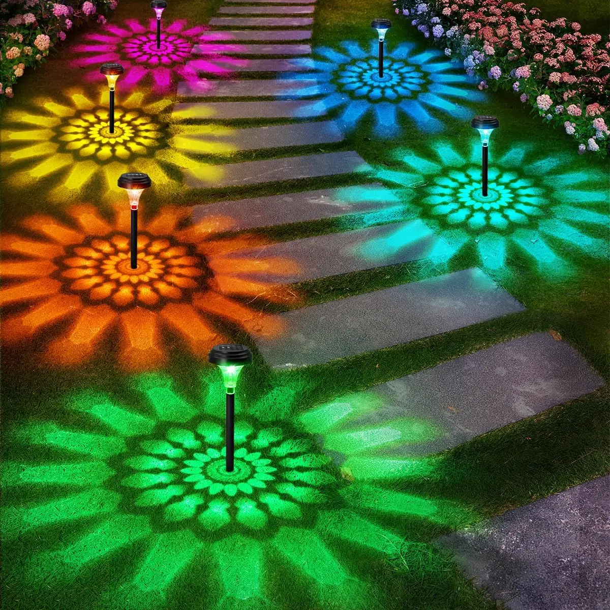 Nupostai Solar Sunflower LED Lights - IP67 Rated Rechargeable Solar Light with External Switch On, Automatic Shut-Off, Color Mode Switch, RGB & Warm White for Outdoor Patio, Yard Decor (Portable Decking & Patio Lighting for Halloween)