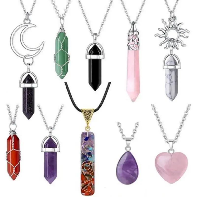 10 Pcs Crystal Pendant Necklace Chakra Healing Crystal Necklaces Vintage Hippie Spiritual Jewelry for Women Girls