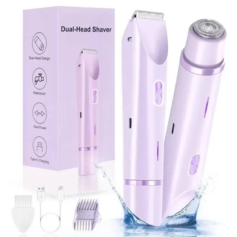 Bikini Trimmer for Women, Rechargeable 2-in-1 Electric Shaver & Razor with Dual Heads for Painless Body and Facial Hair Removal