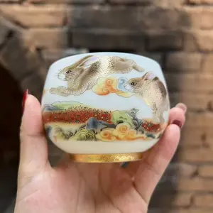 Rabbit Leaps Forward｜ Gilded Jade Rabbit with Lamb's Wool Jade Porcelain Owner's Cup A Long Rainbow Welcomes Blessings