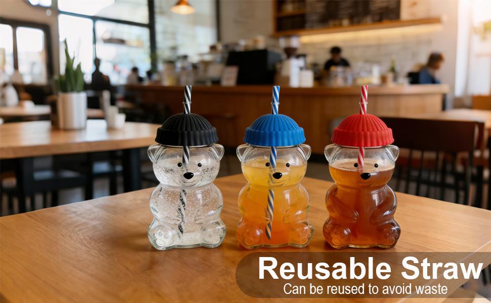 Viral Bearista Cold Cup for 2026 Holiday Collection Nostalgia Cute Bear Cup With Striped Straw 20oz High-Quality Glass Tumbler for Smoothies Boba & Beverage  Iced Coffee Glass Gifts colorful glass cup practical gift