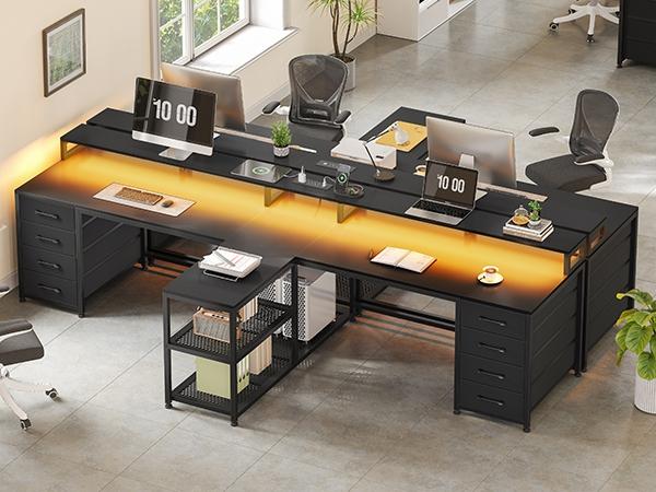 SEDETA 94.5 Inch 2 Person Gaming Desk Long Office Computer Desk with LED Lights 8 Storage Drawers Power Outlet