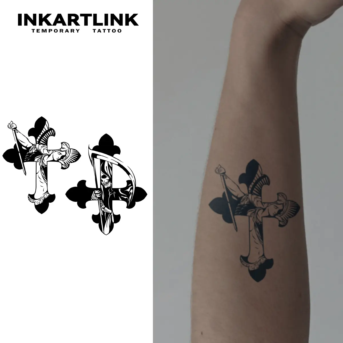 INKARTLINK Tattoo Tech, 2 Sheets Medium Semi Permanent Tattoo, Adult Art Design Temporary Tattoos, Lasts 1-2 Weeks, Waterproof, Realistic Look, (Cross of Good and Evil Design)
