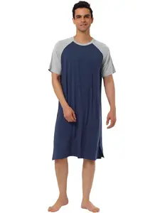 INSPIRE CHIC Men's Sleepwear Color Block Crew Neck Raglan Sleeves Lounge Pajamas Nightgown Navy Blue Light Gray