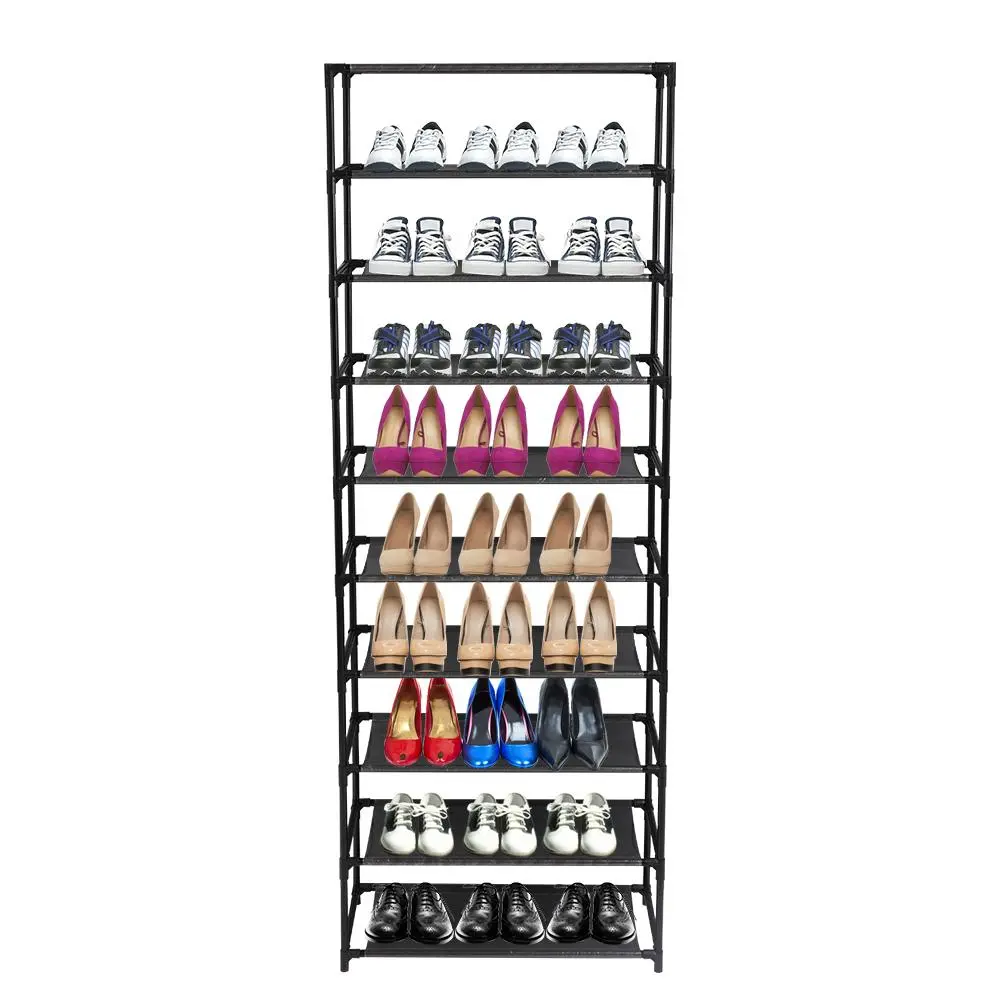 10-Tier Stackable Shoe Shelf Organizer - Stainless Steel Frame House Organizers with Easy-Clean Fabric Shelves, Footwear Storage for Closet Use