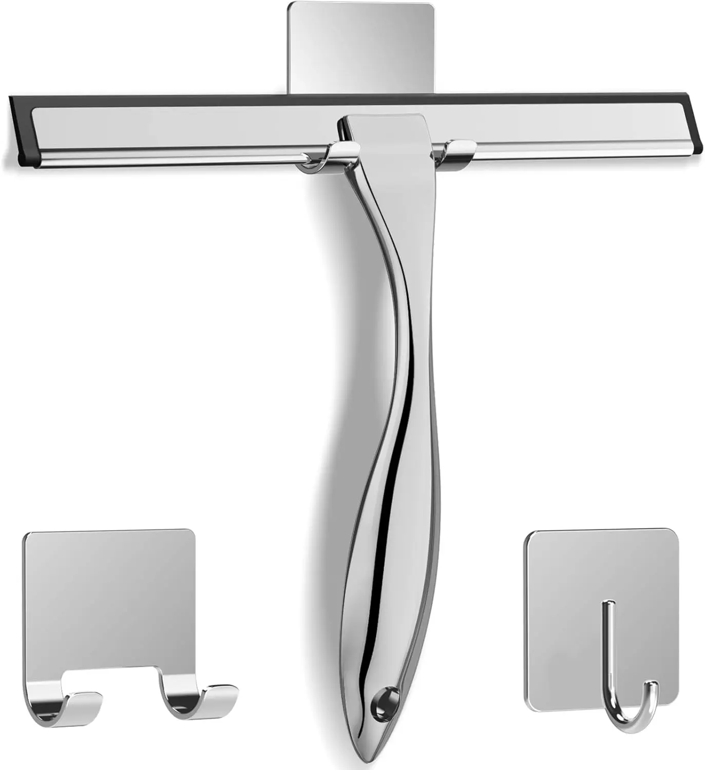# 10-Inch Stainless Steel Shower Squeegee with 2 Adhesive Hooks, All-Purpose Water Scraper for Glass Shower Doors, Bathroom Mirrors, Windows, Tile Walls & Car Cleaning, Silver