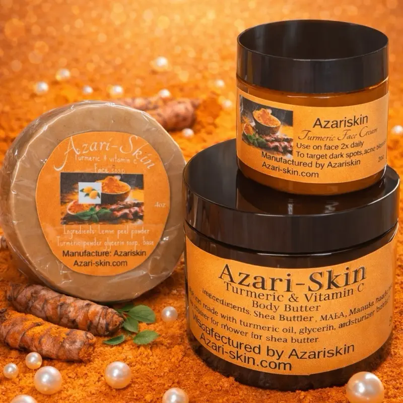 Azariskin Trio Turmeric Set - Face Soap, Body Butter, and Face Cream for Dark Spot Treatment