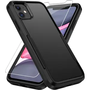 Entronix Heavy Duty Case for Apple iPhone 11 with 1PC Tempered Glass Screen Protector, Shockproof Dropproof Anti-Scratch Cover Protection, Black Protective Wireless