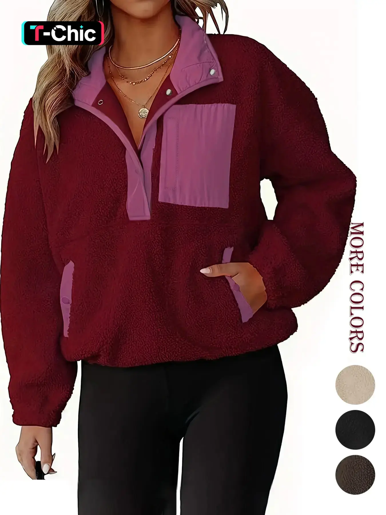 Women's Patchwork Print Half-Button Pocket Fuzzy Fitted Fashion Casual Warm Sweatshirt Tops, Aesthetic Casual Drop-Shoulder Long Sleeve Stand Collar Pullover for Fall & Winter, Women's Clothes for Daily Wear, Lady Womenswear