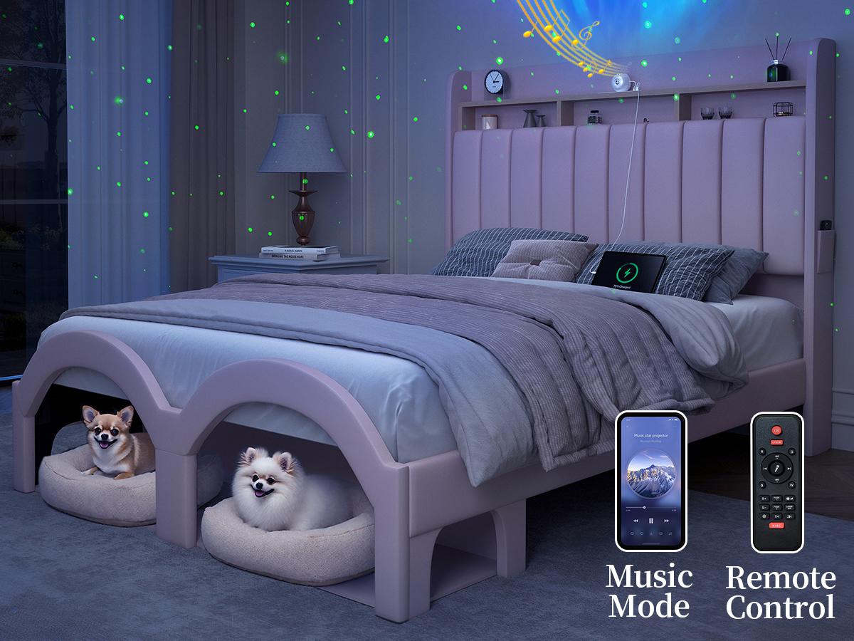 Sibeds Aurora Queen Bed Frame with 2-Tier Storage Headboard, Faux Leather Platform Bed with Galaxy Star Projector, Scratch-Resistant Upholstered Bedframe with Pet Rest Area for Dogs Cats, White / Black / Gray / Pink
