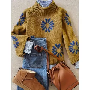 Autumn And Winter Fashion Casual Comfortable Warm Apricot Flower Pattern Knit High Neck Long Sleeve Loose Sweater Pullover
