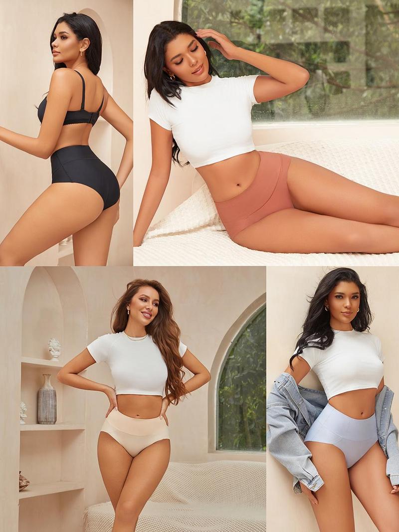 FINETOO Women's High Waist Seamless Underwear Plus Size Brief No Show Elastic Comfortable Panties 4 Pack S-XXXL Springtok  Tummy Control Soft Nylon Spandex Blend - Womenswear