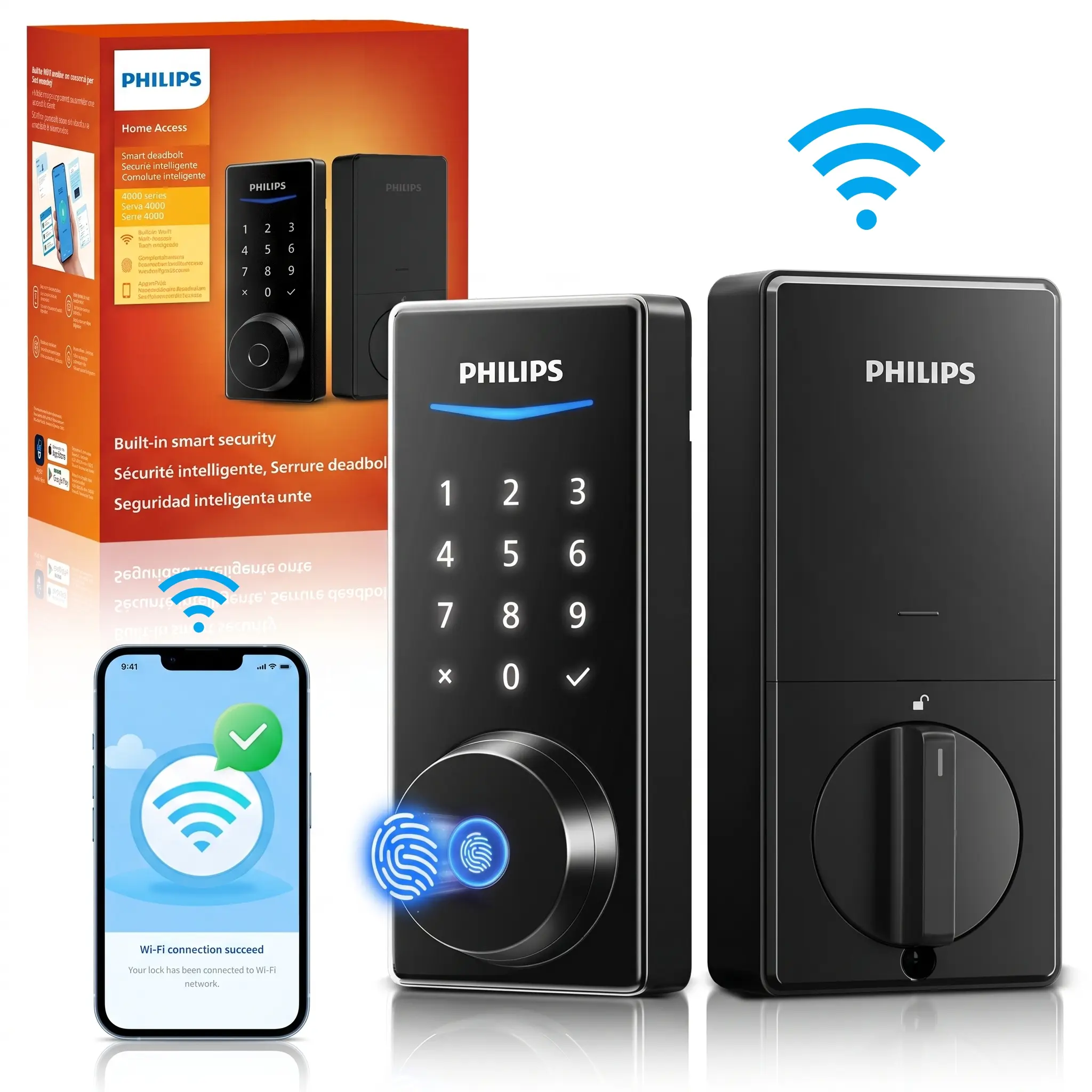 Philips Built-in WiFi Smart Lock, Keyless Entry Door Lock with App, Touchscreen, Fingerprint Door Lock — Compatible with Alexa & Google, Splash-Proof Design, Includes 8 Batteries, Black