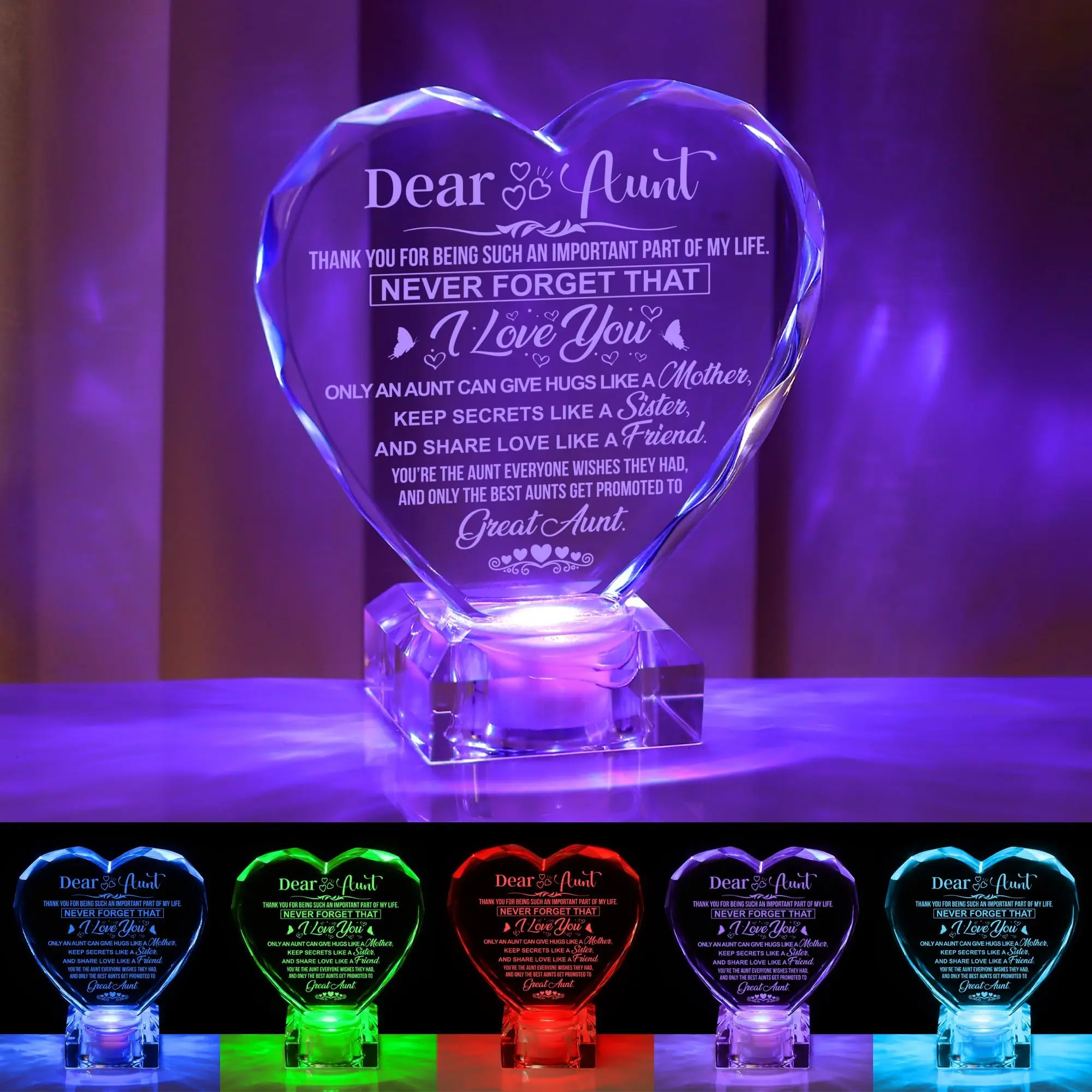 Unique Aunt Gifts, Love Crystal Christmas Birthday Gifts for Aunt, Engraved Crystal Heart with Rechargeable Color-Changing LED Base, Perfect Aunt Christmas Gifts