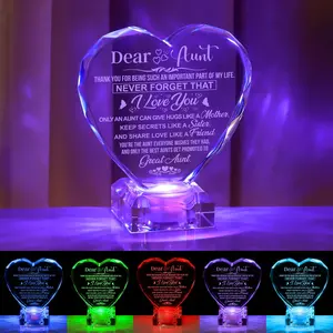 Unique Aunt Gifts, Love Crystal Christmas Birthday Gifts for Aunt, Engraved Crystal Heart with Rechargeable Color-Changing LED Base, Perfect Aunt Christmas Gifts