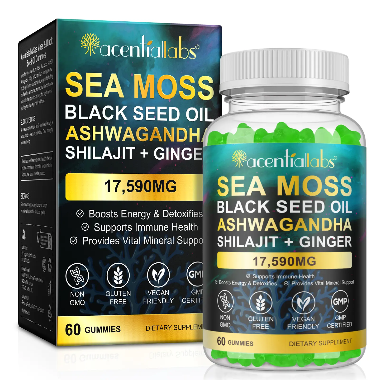 Acentialabs Sea Moss Gummies with Bladderwrack, Ashwagandha & Burdock Root Vegan Dietary Supplement, 3000mg Sea Moss, 2000mg Bladderwrack, 800mg Ashwagandha, 400mg Burdock Root, Energy & Immune Support, 60 Count, Ashwagandha Stress Relief Blended Vitamins