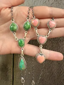 Turquoise and Pink Conch Lariat Sterling Silver Necklace