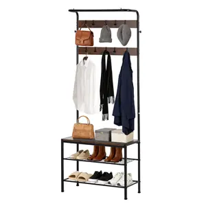 4-in-1 Entryway Hall Tree - Shoe Bench with Coat Rack, 9 Removable Hooks & Hanging Rod, Space Saver