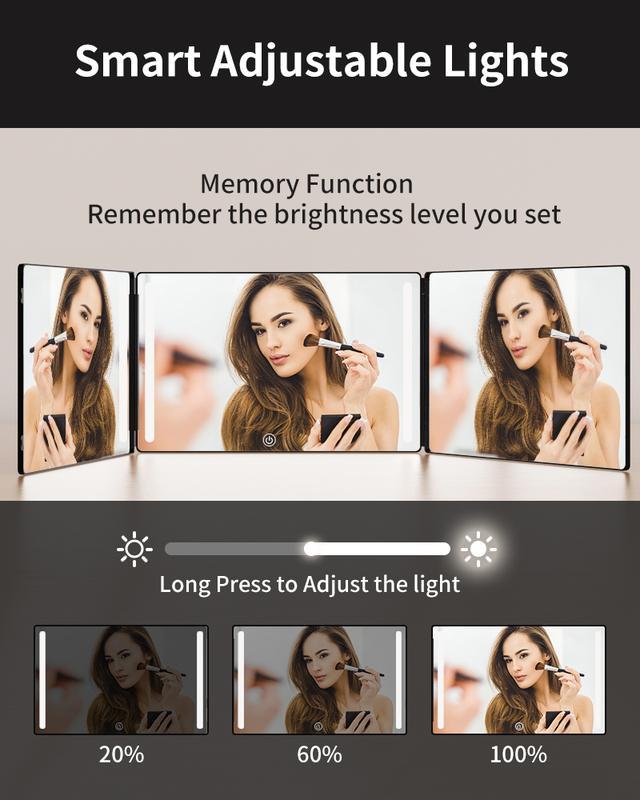 Adjustable LED Light 3 Way Mirror, Portable Trifold Mirror for Shaving, Grooming, Hair Styling, Dye Hair, Makeup, Braiding, 360 Degree Mirror