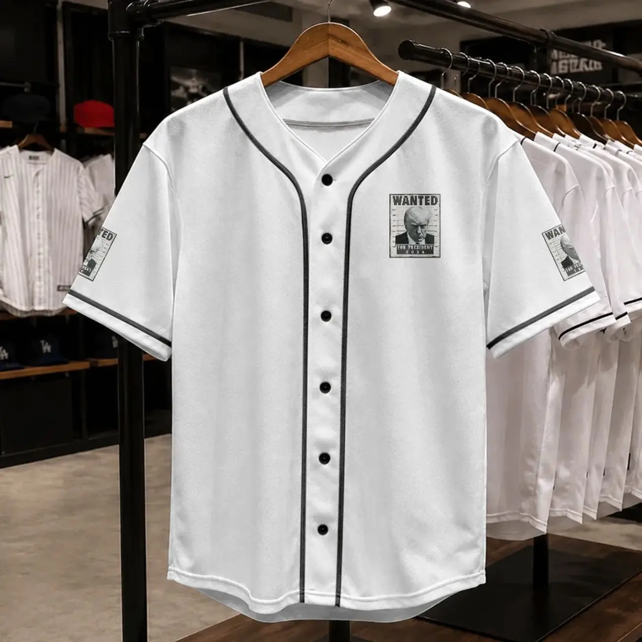Wanted Donald Trump For President 2024 Baseball Jerseys - Donald Trump Mugshot - Baseball Jerseys