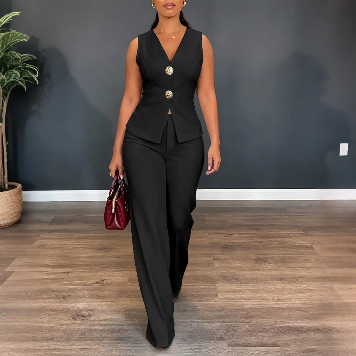 CHICME Women's 2 Piece Blazer Set Sleeveless V Neck Button Down Vest and High Waisted Straight Leg Pants Set Elegant Suit
