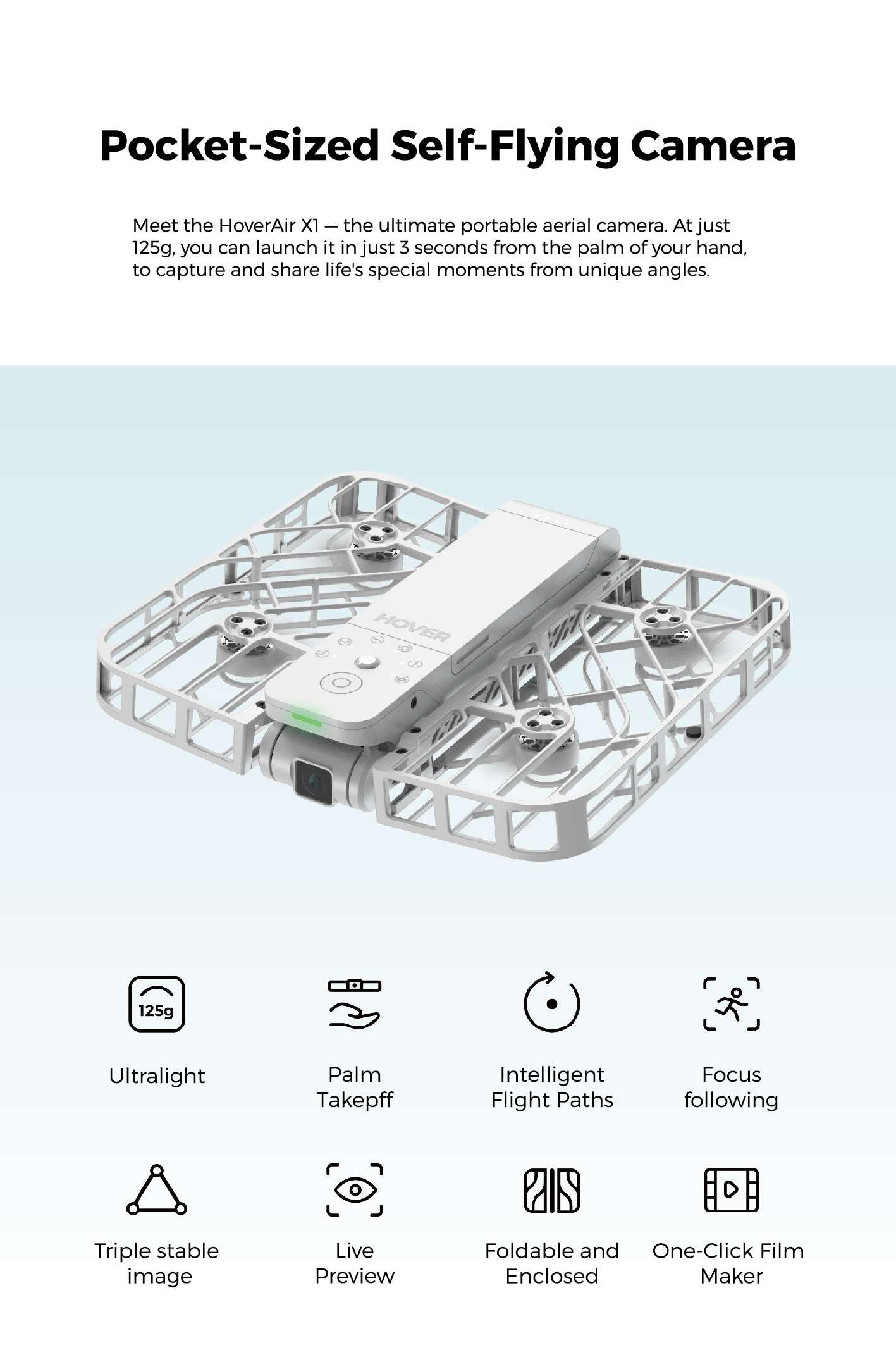 HOVERAir X1 Pocket-Sized Self-Flying Camera Lightweight Quadcopter with 5 Pre-Programmed Flights Foldable Design 125g Portable Electronic Handbag Mechanical Recording Drone