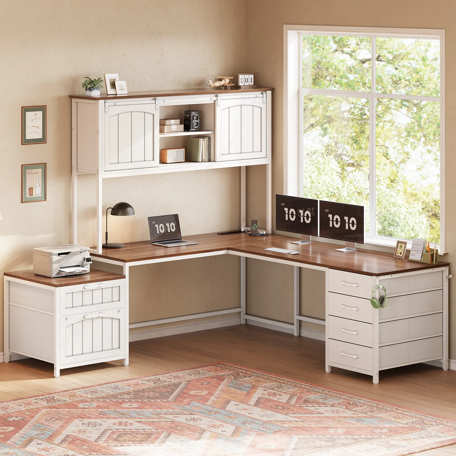 Sedeta 63-Inch Farmhouse L-Shaped Executive Office Desk, Reversible Corner Computer Desk with Power Access, 6 Storage Drawers, Hutch, Modern Commercial Furniture, Executive Desk