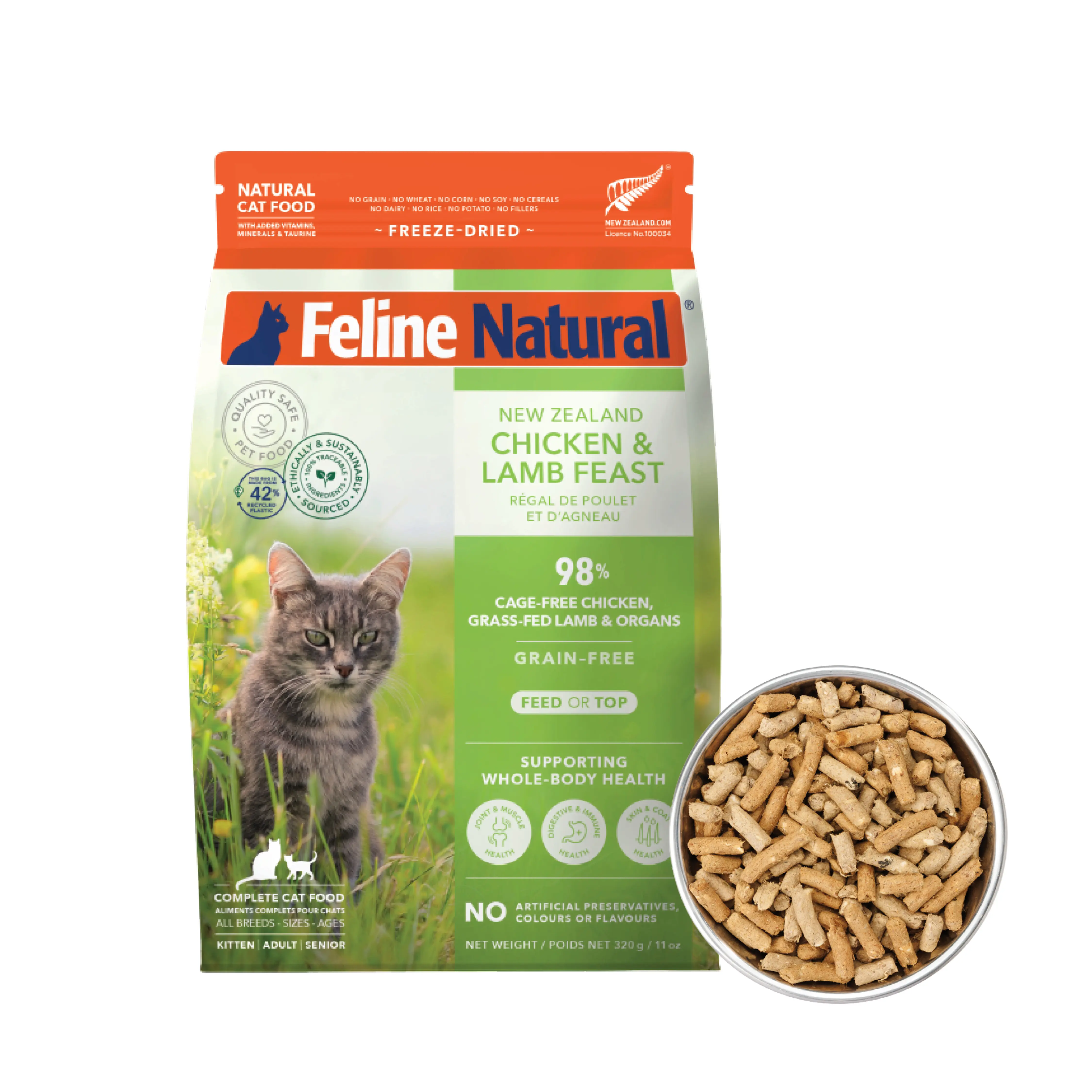 Feline Natural Grain-Free Freeze-Dried Cat Food - New Zealand Feast with Chicken, Lamb, Copper Proteinate, Vitamin D3 Supplement, High-Protein Wholefoods Mix, 11oz, Health-Supporting