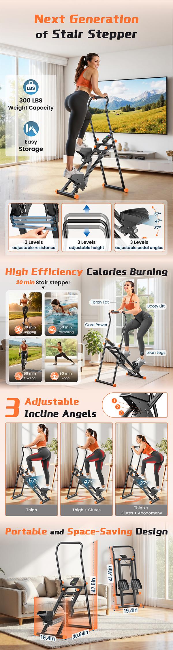 Stair Stepper with Springs, Stairt Stepper for Home Gym Exercise 3-Level Incline & 3-Level Adjustable Resistance Compact Foldable Quiet Stairmaster for Home Cardio Full-Body Workout