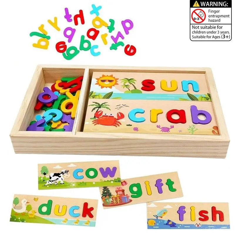 1 Set Children's Wooden Word Spelling Puzzle Toy, Puzzles for Toddlers, English Letter Recognition and Spelling Learning Tool, Preschool Educational Toy for Ages 3+, with Wooden Box & Letter Cards