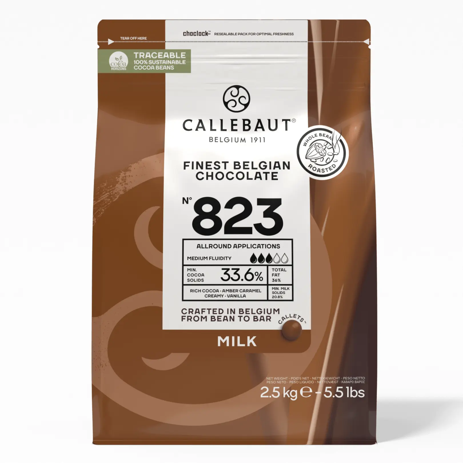 Callebaut Belgian Milk Chocolate Baking Callets (33.6%), 5.5 lbs Bag - Finest Halal Quality, Vanilla-Infused Chocolate Chips for Baking Snacks, Milk Chocolate Chocolate