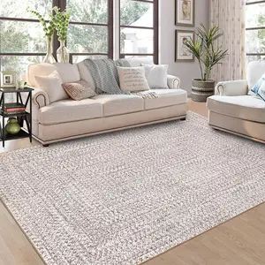 Garvee 9x12 Modern Braided Print Area Rug - Washable, Stain Resistant, Low Pile Soft Touch Carpet for Bedroom, Apartment, Living Room in Beige/Grey