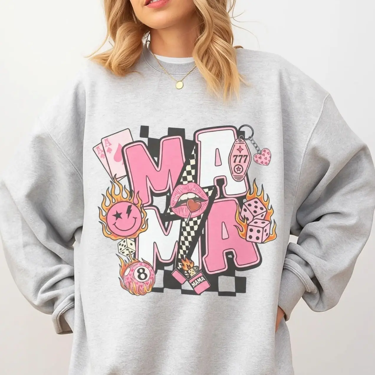 Mama - Mama Smiley Flames Eight Ball Art Edgy Mama Sweatshirt - Ash Grey - Unisex Jersey Sublimation Design Vintage Style Comfortable Everyday Wear H5H5
