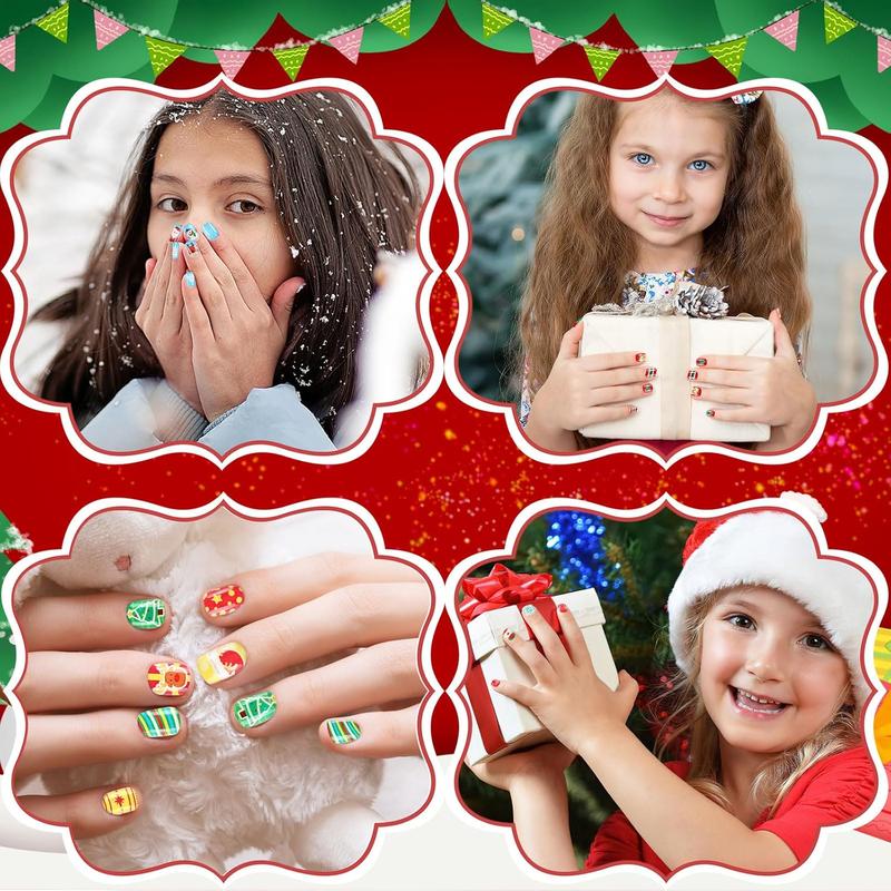 216-Pc Kids Christmas Press-On Nails – 9-Pack Full-Cover Short False Nail Tips for Girls | Holiday Party Favors & Gift