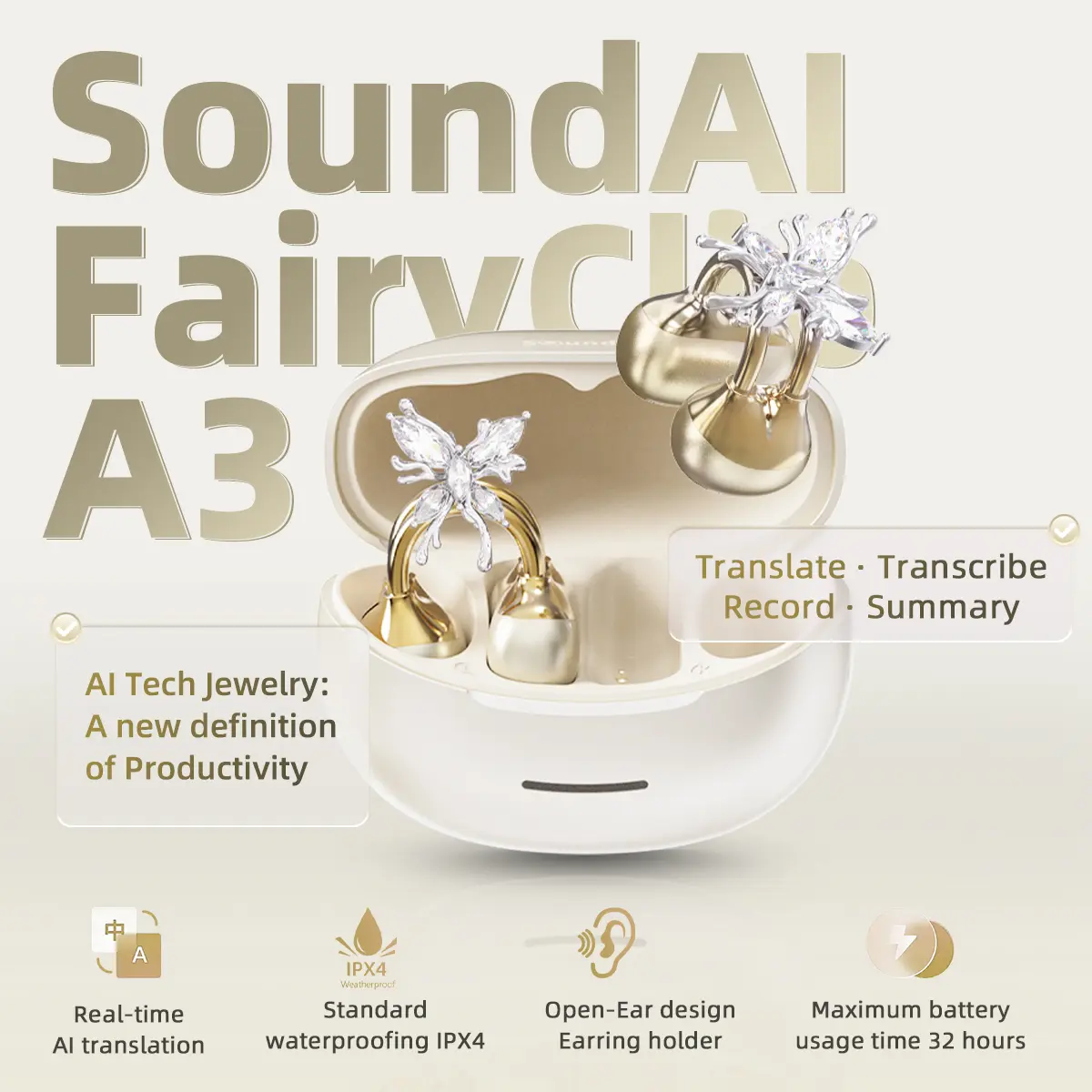 SoundAI FairyClip A3 Wireless Earbuds Hi-Fi Sound Bluetooth 4.0 30-Hour Battery Leak-Proof Privacy Perfect Gift for Him/Her