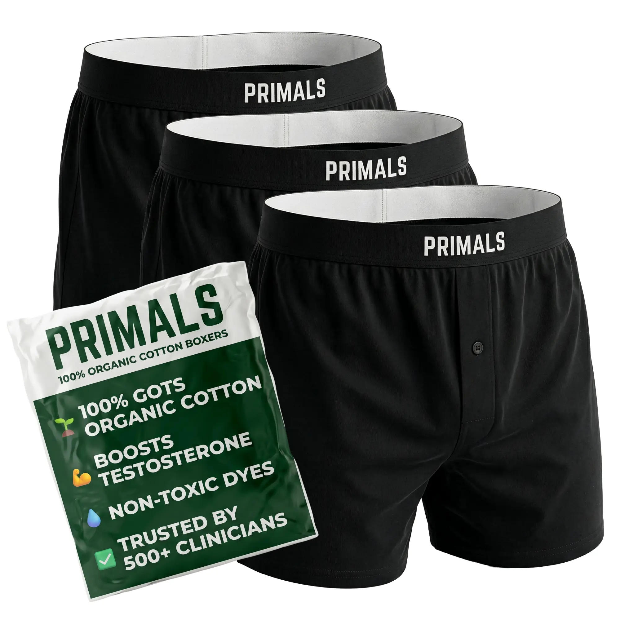 PRIMALS Menswear Men's 100% Organic Cotton Boxers Set - GOTS Certified Natural Fabrics, Soft Breathable Comfortable All-Day Daily Underwear, Clinician Backed (500+), 0 Polyester/Plastic, Testosterone & Fertility Support, Midnight Black (3 Pack)