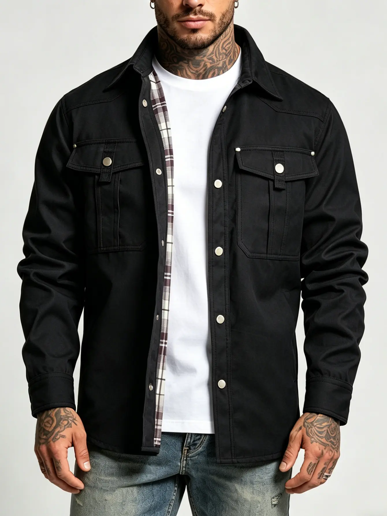 Men’s loose workwear shirt jacket, slightly stretchy polyester with plaid lining, multi pockets and button closure, black khaki two-tone design