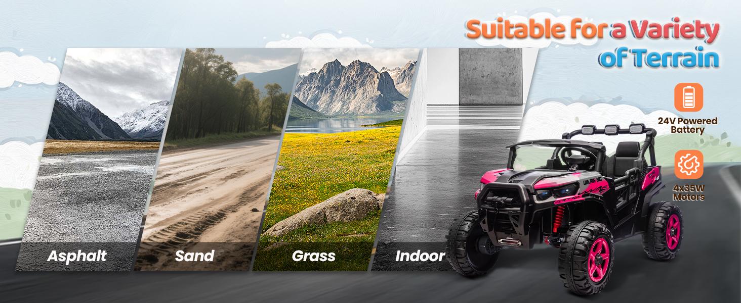 JOYMOR 2-Seater 24V Ride On UTV Truck with Remote Control, 3 Speeds Electric Car with Spring Suspension LED Music, 4 Motors Power Wheel for Kids Ages 3-8, 135 lbs Weight Capacity