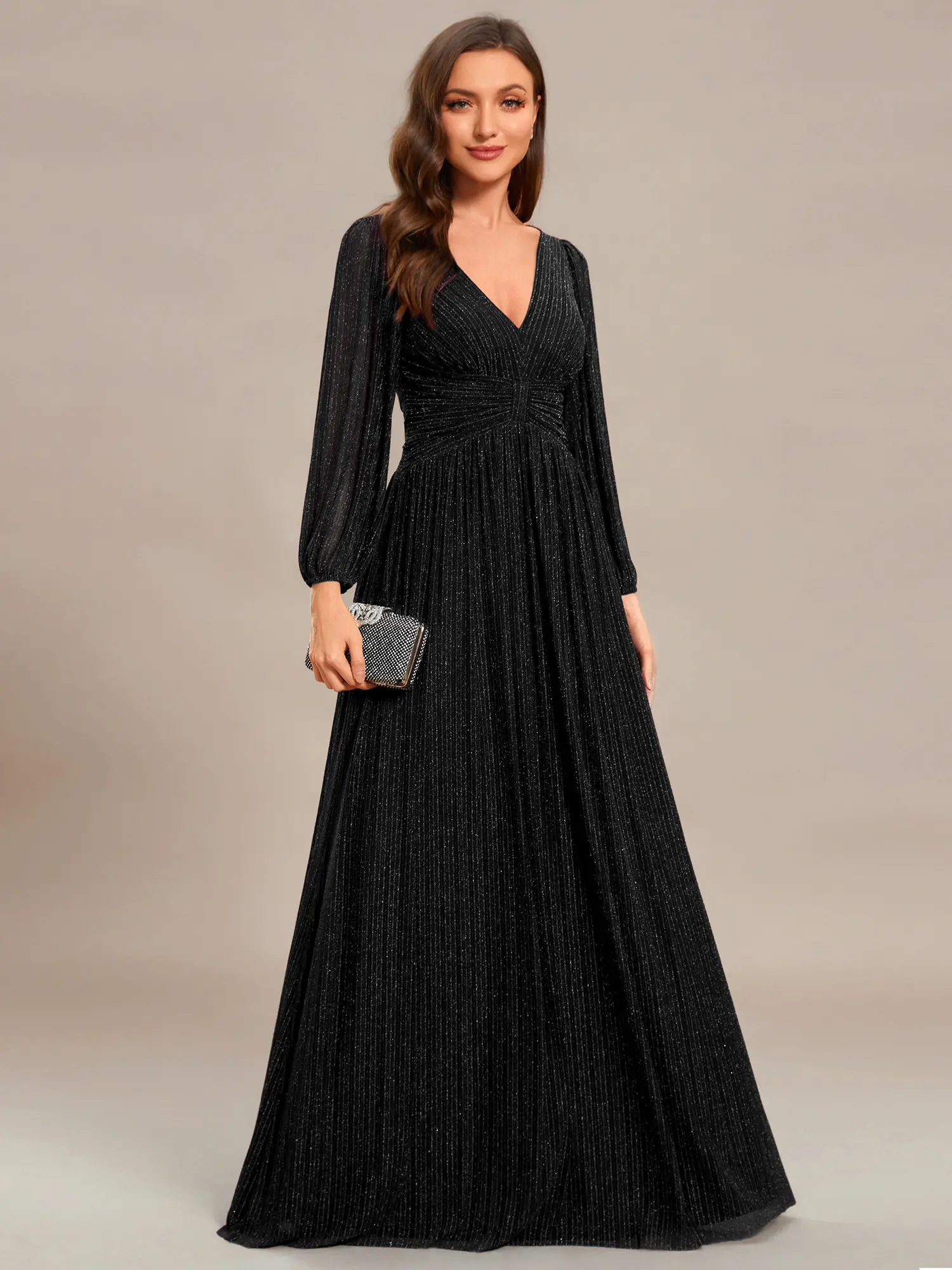 Ever-Pretty 2026  dress Spring  Evening dress, Holiday dress,Black Glittery Empire Waist A-Line Dress with Long Lantern Sleeves  Length  Sequin Fabric Concealed Zipper Closure Women's Formal  Party Dress , 01961