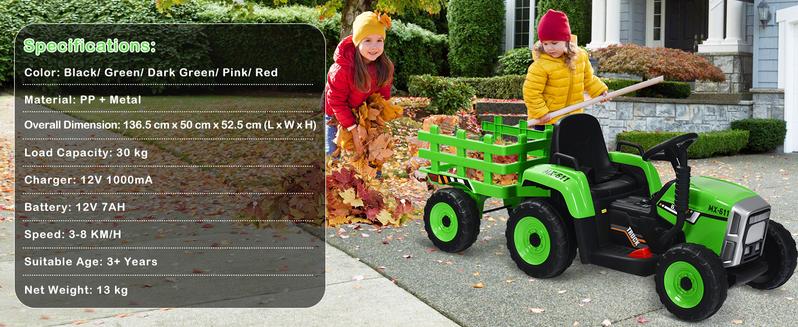 [Costway]- Ride on Tractor/Excavator with Detachable Trailer, 6/12V Wireless Kids' Electric Vehicles w/ Ground Loader & 7 LED Headlights-Springtok