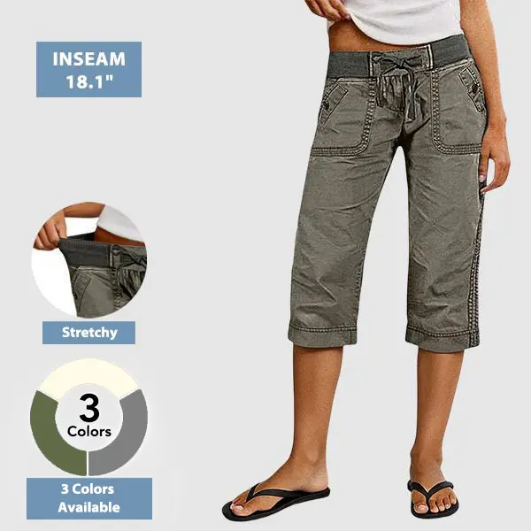 Flamingals Drawstring Button Decor High Waist Straight Leg Capri Pants Summer Vibes Stretchy 18.1 Inseam